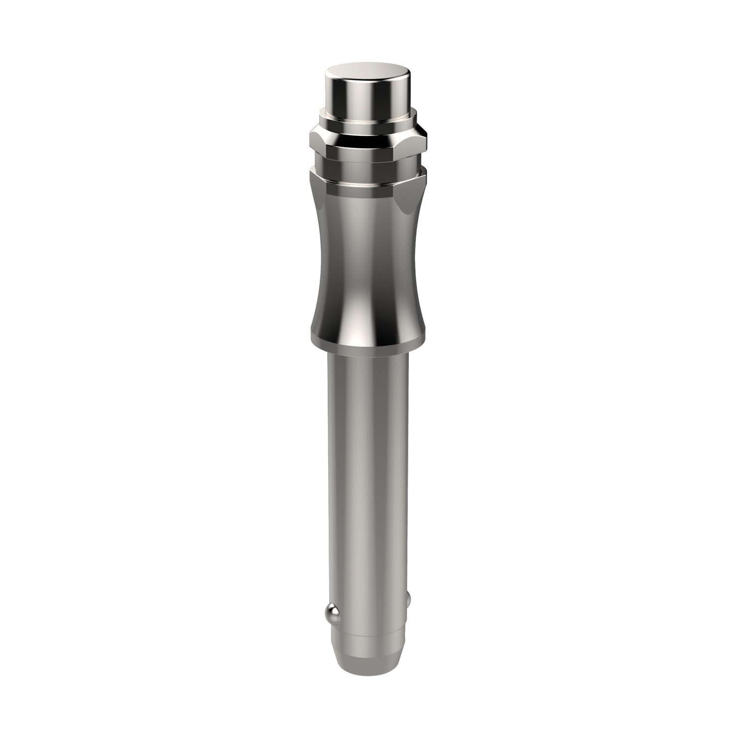 Ball Lock Pins - Contoured Handle Single piece ball lock pin, shown here in grade 5 titanium, a material with an extremely high strength-to-weight ratio and outstanding corrosion resistance. Also available in stainless steel (AISI 303 and 630; see product 33194).
