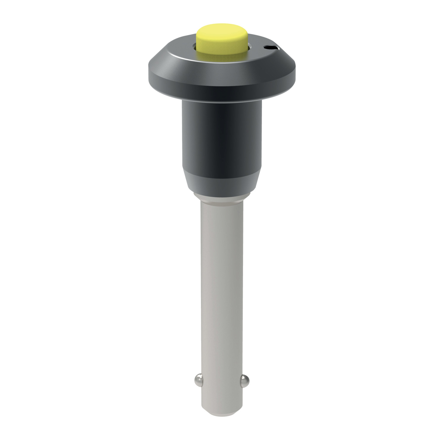 Clamp Lock Pins - Single Acting Ball lock pin with a high-visibility yellow push-button to act as a visual reminder to avoid knocking or bumping equipment. Available in stainless steel AISI 303 series or the extra strong AISI 630 series.