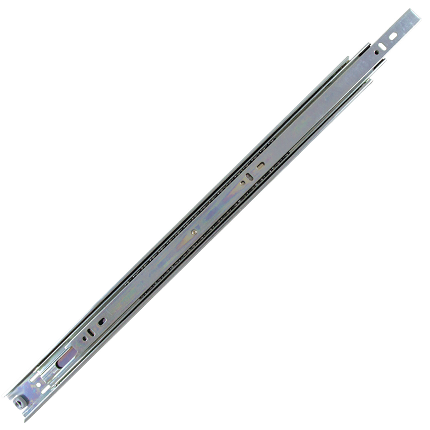 Drawer Slide - Full Extension Hold-in detent when slide closed. Positive stop. Rails can be disconnected via pressing disconnect lever.