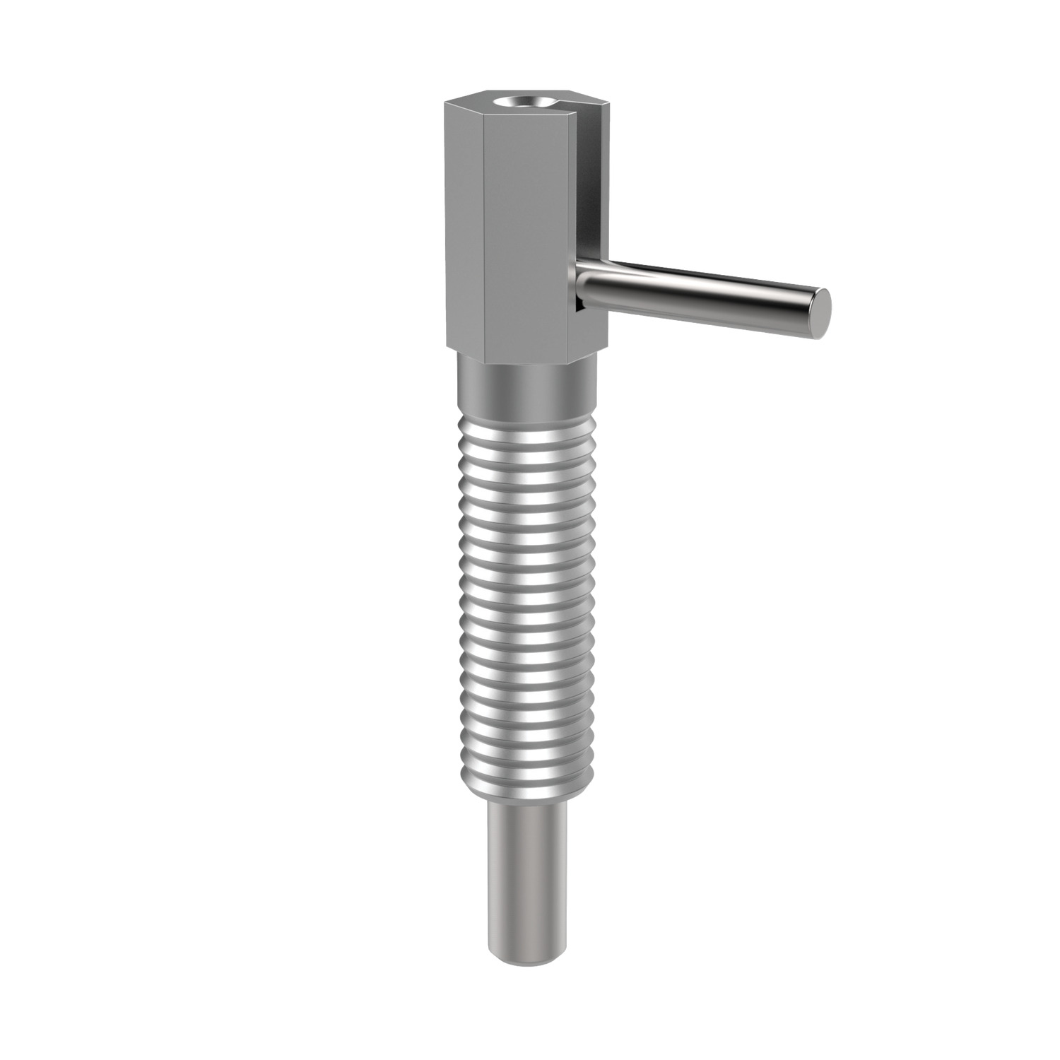Index Plungers - Lever Grip Coarse thread, locking lever grip index plunger. Made from zinc plated steel and galvanised steel. Actuated via pulling back and turning lever 180°.
