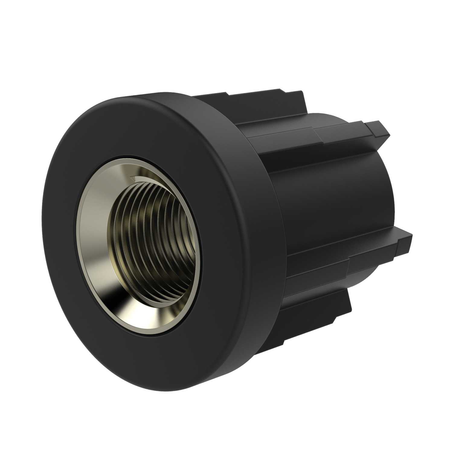 Threaded Plastic Insert - Round Reinforced polyamide round threaded insert with nickel plated brass bush, for use with levelling feet as a mounting insert. Stainless steel versions are available on request.