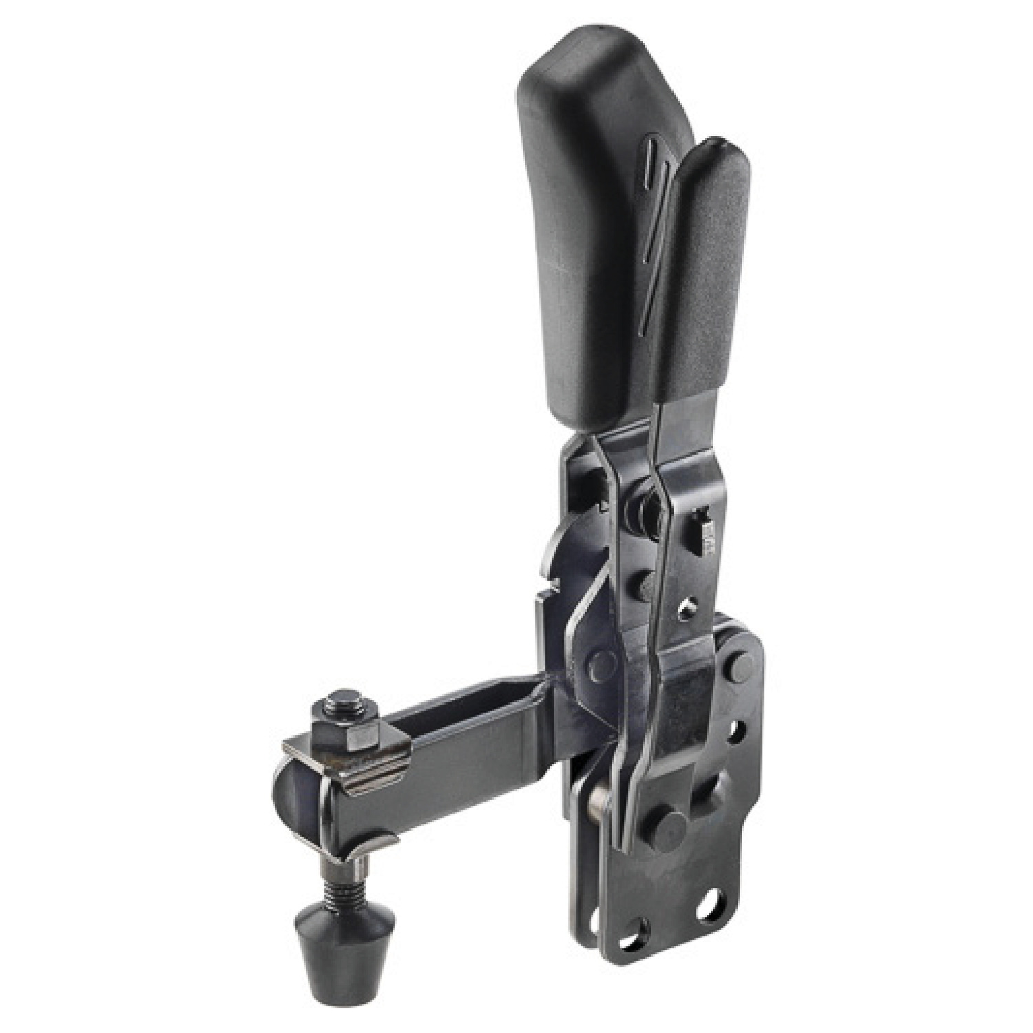 Product 40060.2, Horizontal Acting Toggle Clamps black - open arm - vertical base - safety lever / 