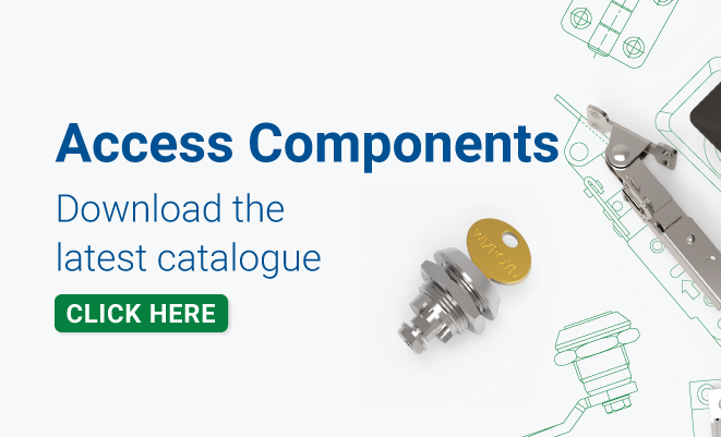 Text displaying 'Access Components - Download the latest catalogue' with a green 'Click Here' button and a layout of various Access Component renders