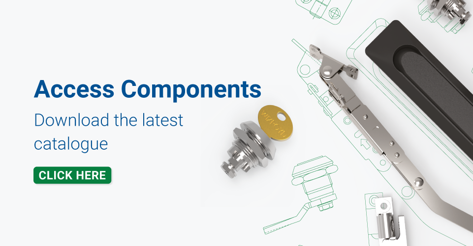 Text displaying 'Access Components - Download the latest catalogue' with a green 'Click Here' button and a layout of various Access Component renders