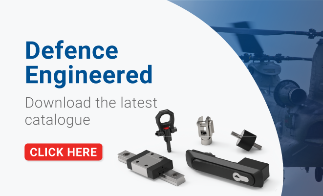 Text displaying 'Defence Engineered - Download the latest catalogue' with a visual of a Chinook with a low opacity blue overlay and a 'Click Here' button