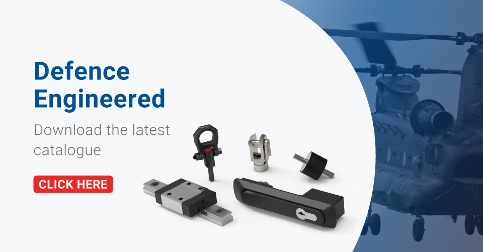 Text displaying 'Defence Engineered - Download the latest catalogue' with a visual of a Chinook with a low opacity blue overlay and a 'Click Here' button