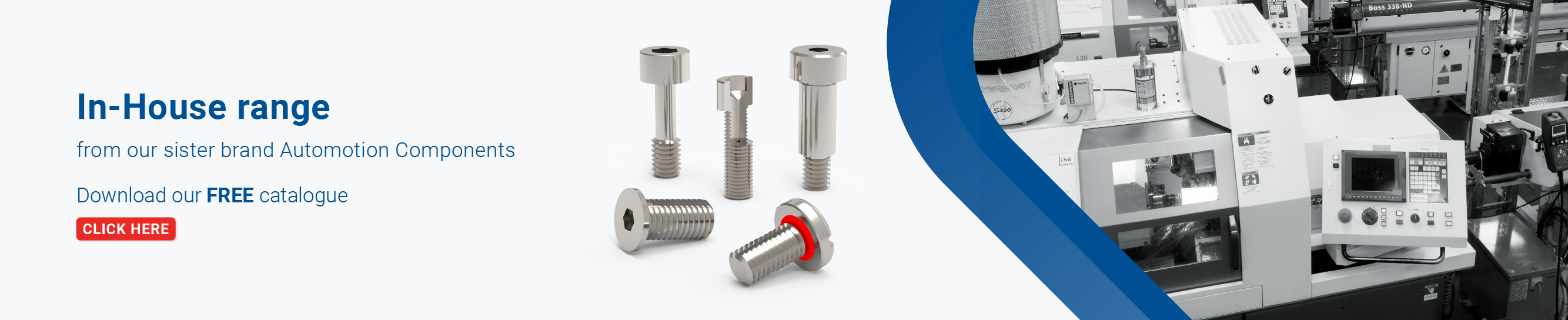 Text displaying 'In house range, download our free catalogue' with a rendered image of various screws and photo of production with a blue border