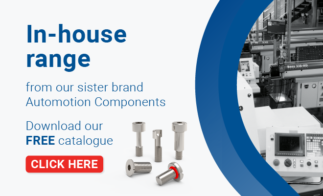 Text displaying 'In house range, download our free catalogue' with a rendered image of various screws and photo of production with a blue border