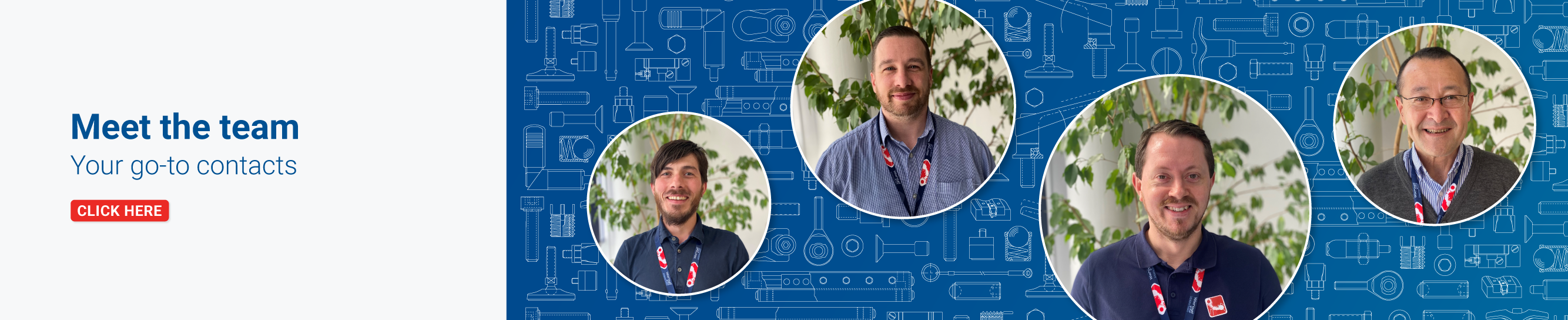 Text displaying 'Meet the team, your go-to contacts' with an image of 4 team members