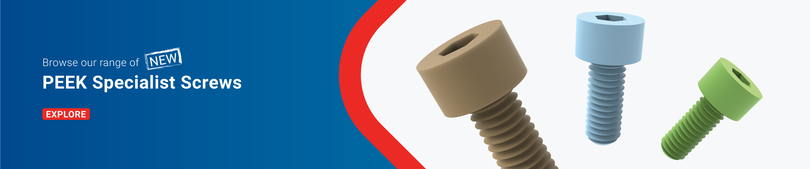 Text displaying 'Browse our new range of PEEK specialist screws' with an image of three PEEK screws