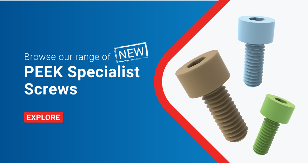 Text displaying 'Browse our new range of PEEK specialist screws' with an image of three PEEK screws