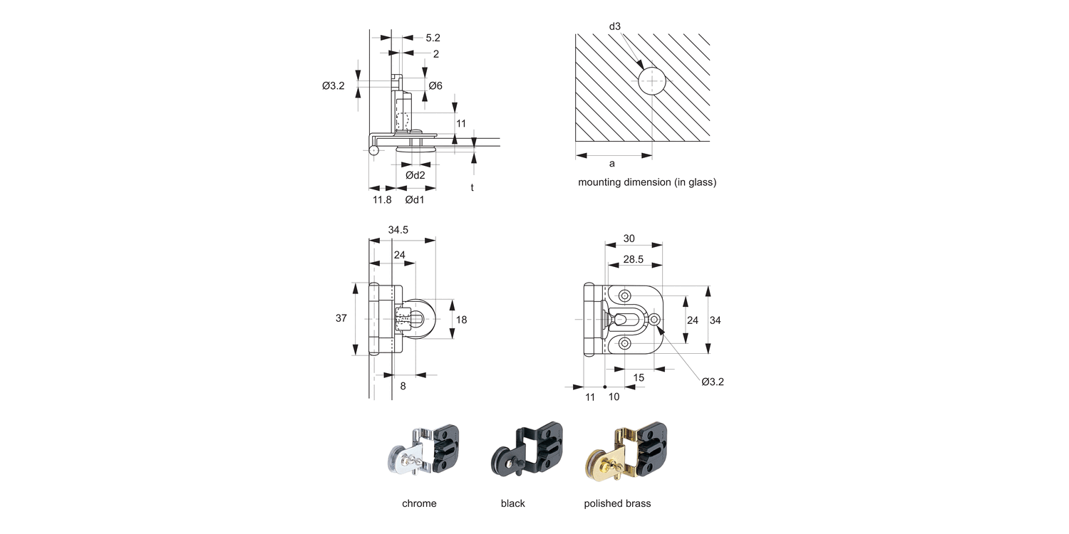 T2040 Glass Door Hinges - Half Overlay Type