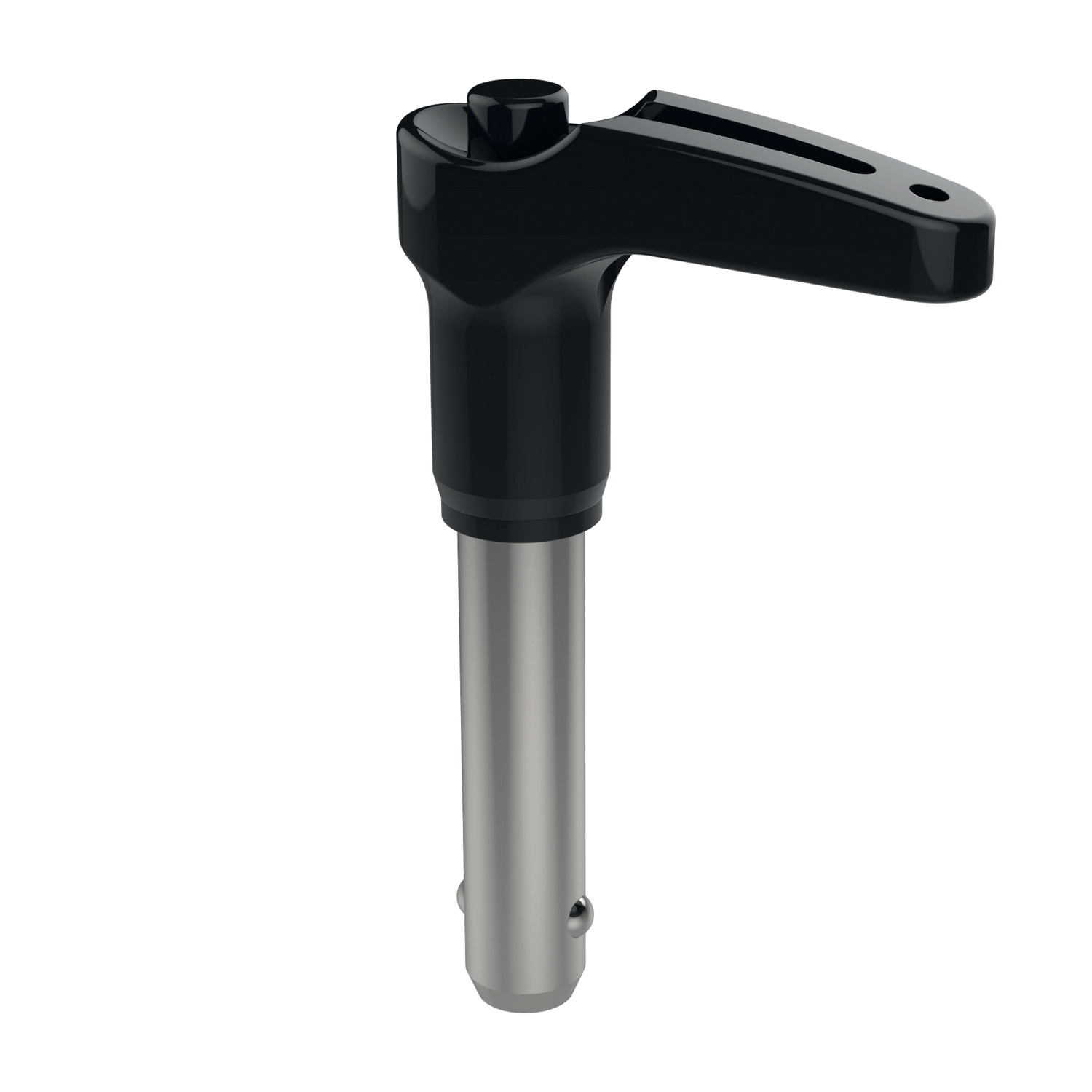 Ball Lock Pins - Single Acting - L-Handle L-Handle ball lock pins available in stainless steel; AISI 303 and the AISI 630 with twice the shear force. This anti-glare finish is excellent for stage rigging applications.