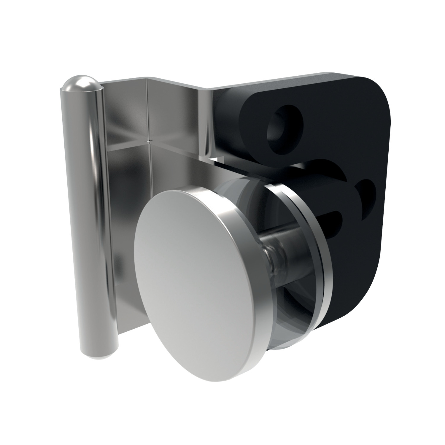 Glass Door Hinges - Half Overlay Type Available in steel or stainless steel with plastic overaly body. Half overaly design forms mechanical catch to hold door closed. Drilling is necessary for fitting. Suitable for 4 -6 mm door thickness and a door weight of 4kg.