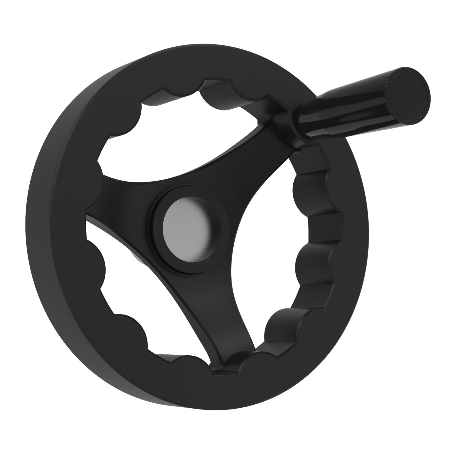 Three Spoked Handwheels Thermoplastic three spoke handwheel with rotating grip handle. Pilot hole allows for various sizes of keyway to be machined into the hub.