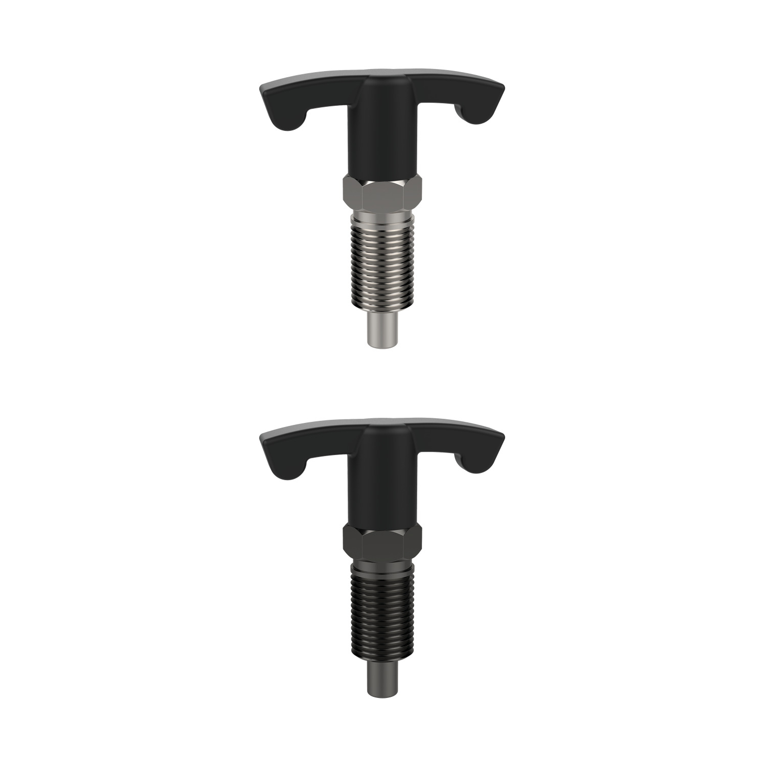 Index Plungers - T-handle Grip T-handle grip, non-locking index plungers. Easy to grip handle helps improved handling when using safety gloves or other situations when an operator has limited dexterity.