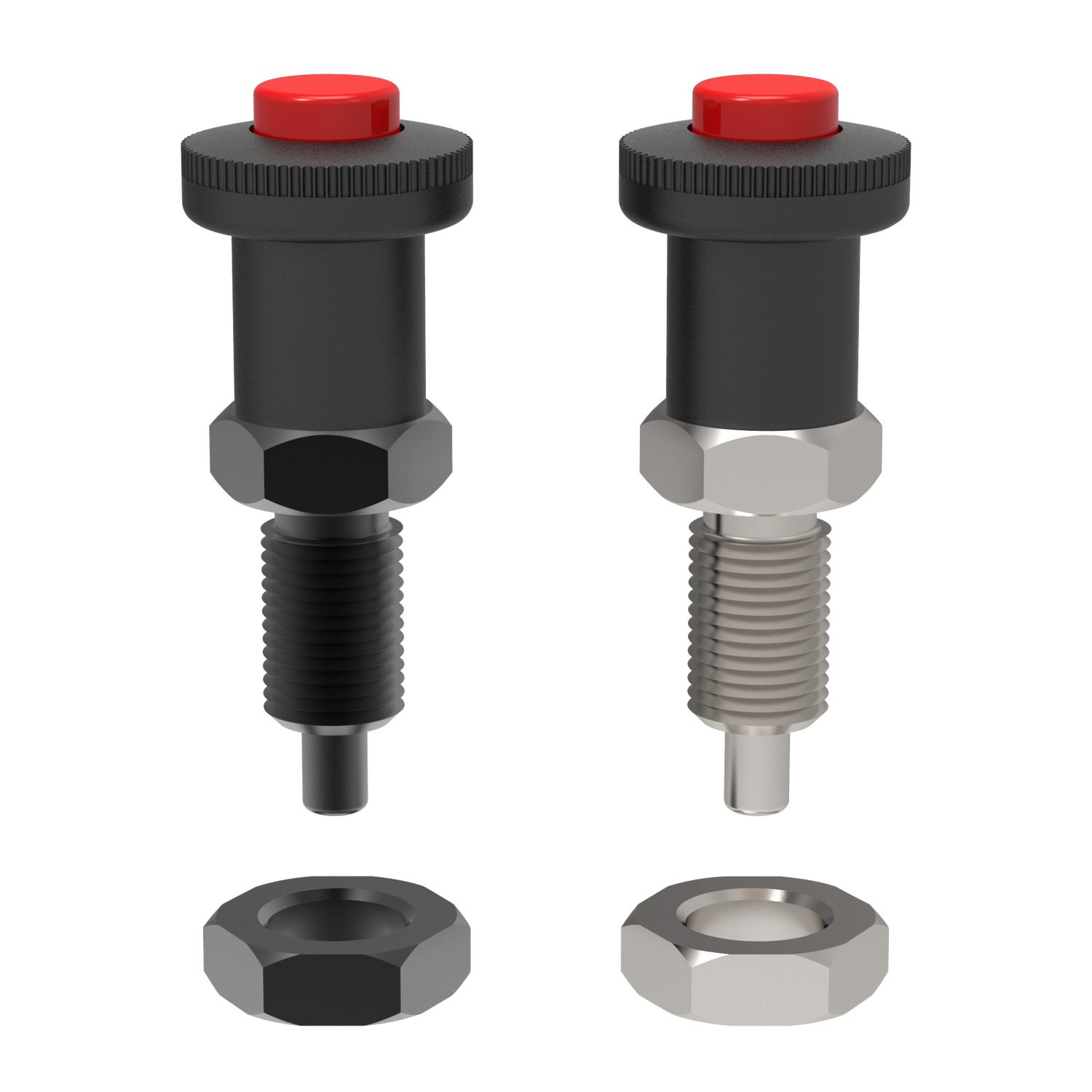 Index Plungers - Pull Grip Pull grip index plunger with release lock. Press red button and hold whilst pulling knob to release pin. Temperature range from -30°C to +80°C.