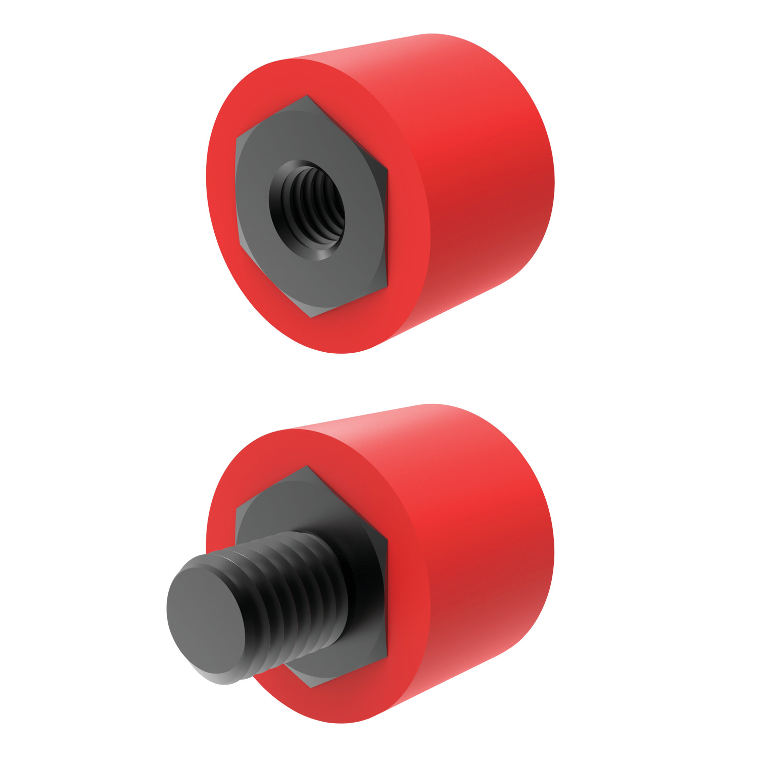 Metric Bumpers - Round Metric round bumpers and stops in a variety of configurations.
 Steel core with black neoprene or urethane moulding.
 Use to guard, stop and align components during assembly.