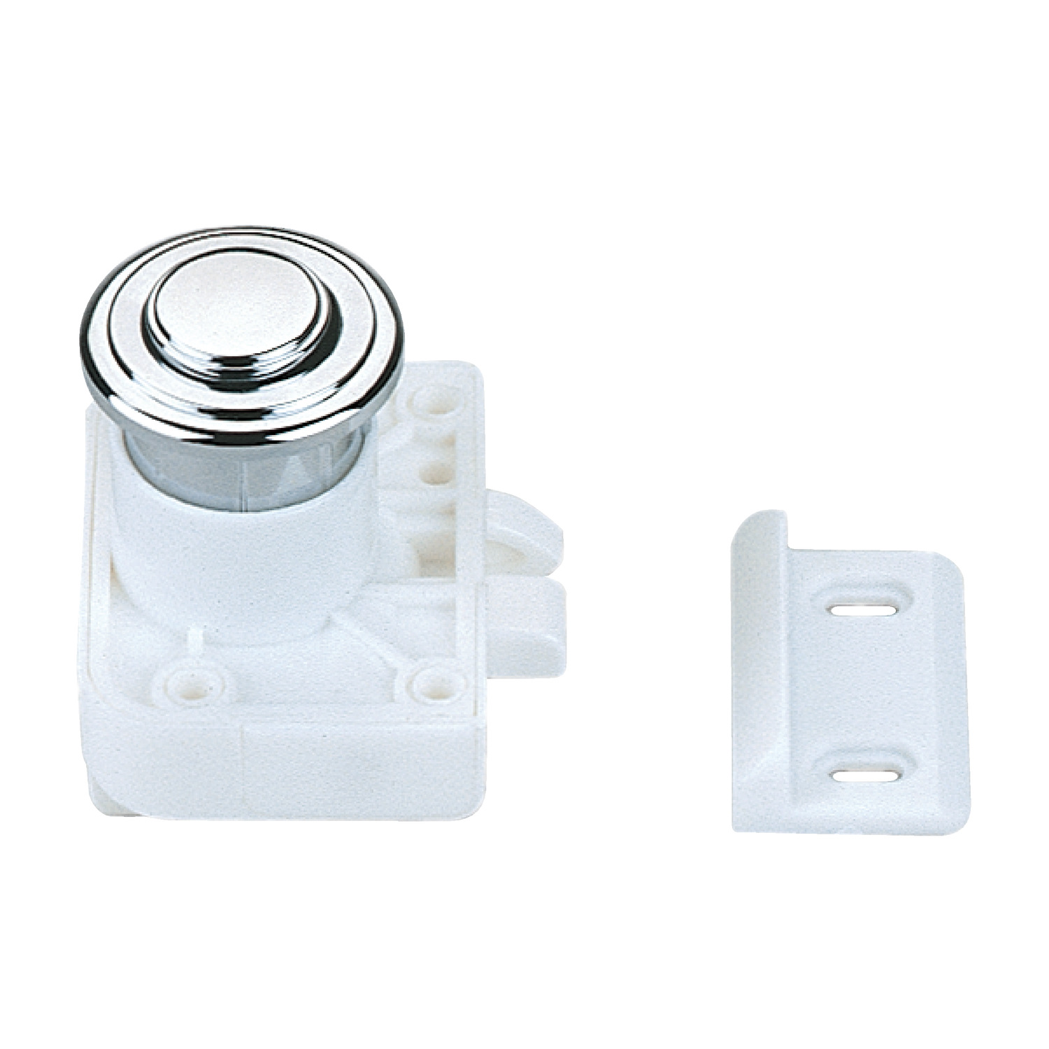 Push Knobs Push button latch, available in chrome, satin nickel or polished brass plating. Polyamide body.