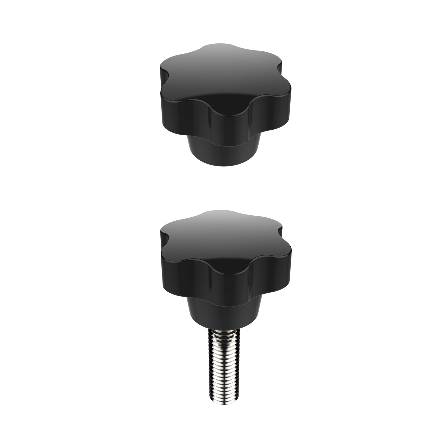 Six Lobed Knobs Black plastic six lobed knobs. Available in sizes from M4 to M6.