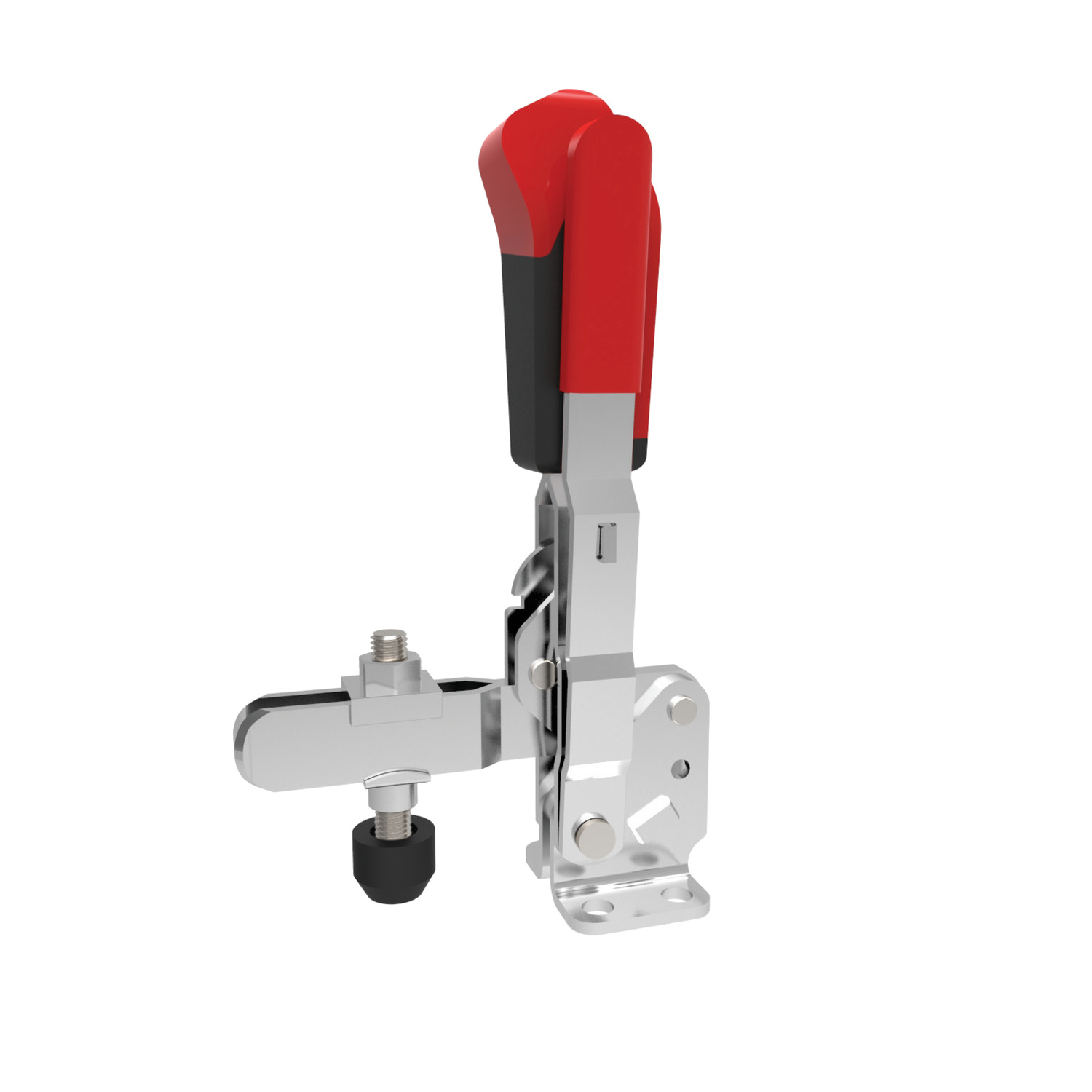 Vertical Acting Toggle Clamps Vertical acting toggle clamp with safety lever which holds the clamping arm in both the clamped and open position. Zinc plated steel body.