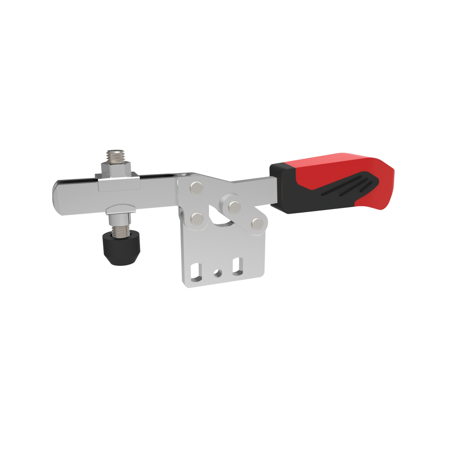 Horizontal Acting Toggle Clamps Horizontal acting toggle clamps with open clamping arm and veritcal base for side mounting. Ergonmic, oil resistant handle with large grip surface for soft components. Holding forces from 0,25kN up to 5,0kN.