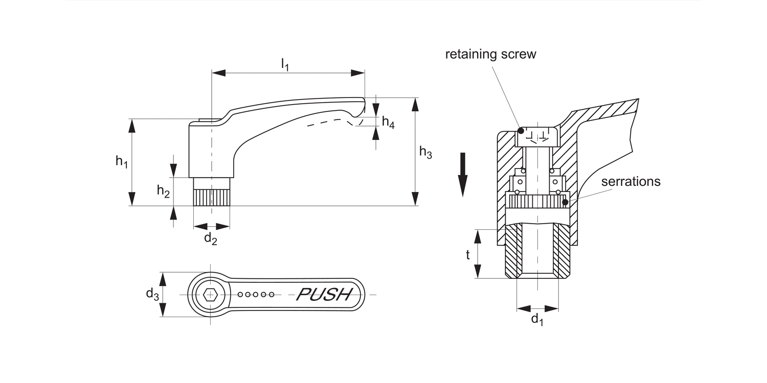 74860 Free Running Safety Clamping Lever, Threaded Insert